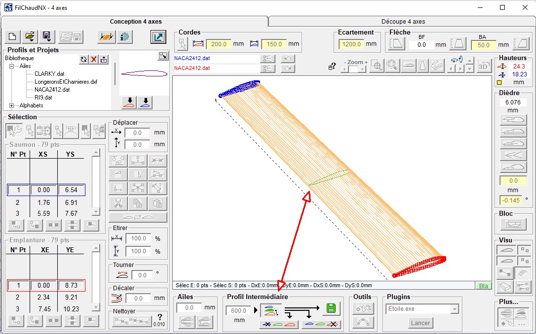 La fonction de profil intermédiaire dans le logiciel FilChaudNX de découpe CNC fil chaud